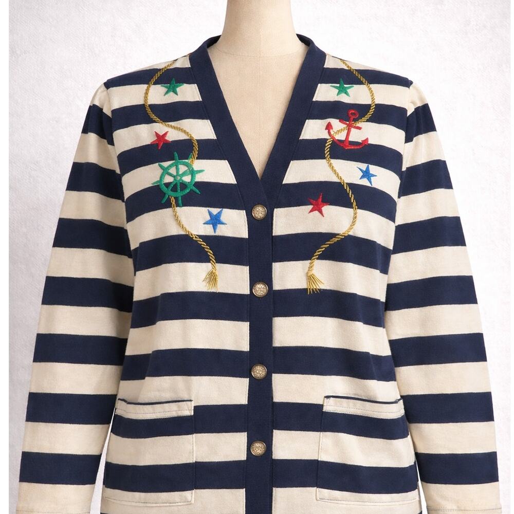 Vintage Alison Craig Nautical Stripe Cardigan Small Anchor Embroidered